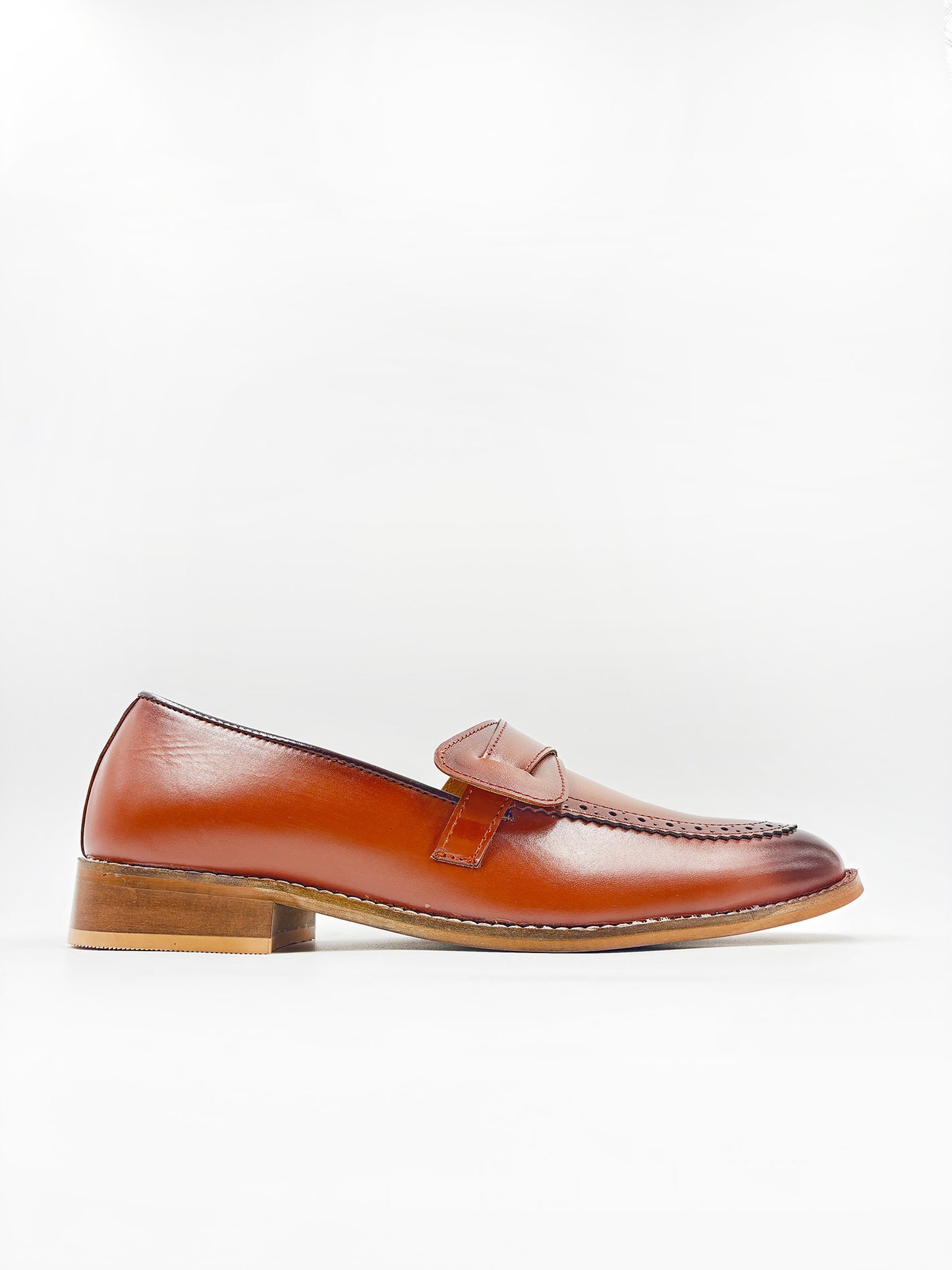 Brown leather penny loafers on a mid heel 