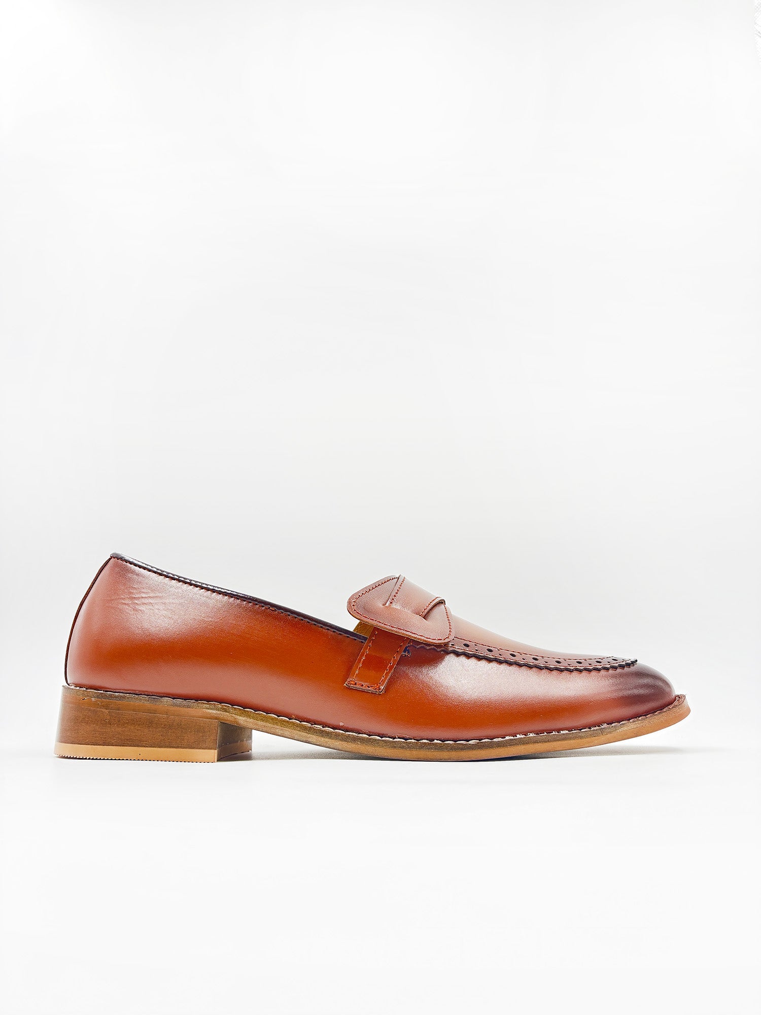 Brown leather penny loafers on a mid heel 