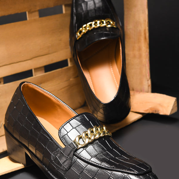 Noir Luxe Croc - Embossed Chain Loafers