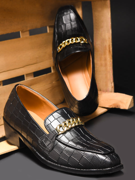 Noir Luxe Croc - Embossed Chain Loafers