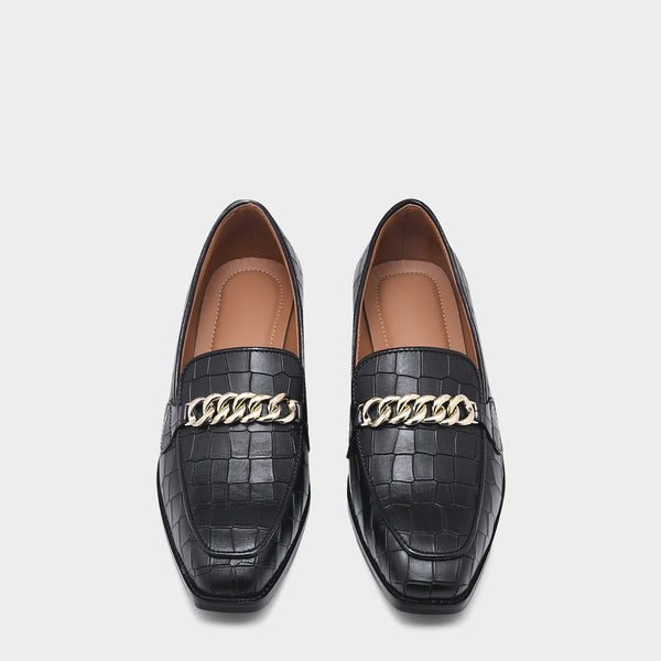 Noir Luxe Croc - Embossed Chain Loafers