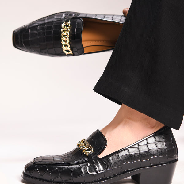 Noir Luxe Croc - Embossed Chain Loafers