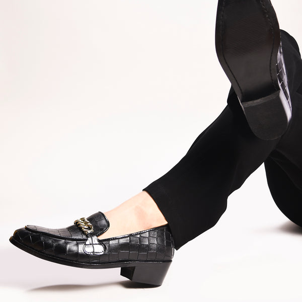 Noir Luxe Croc - Embossed Chain Loafers
