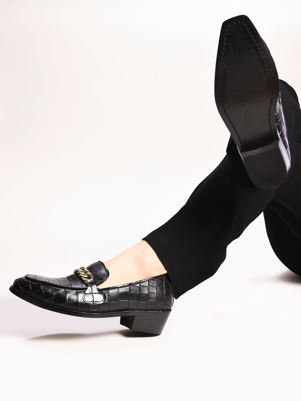 Preview of Noir Luxe Croc - Embossed Chain Loafers