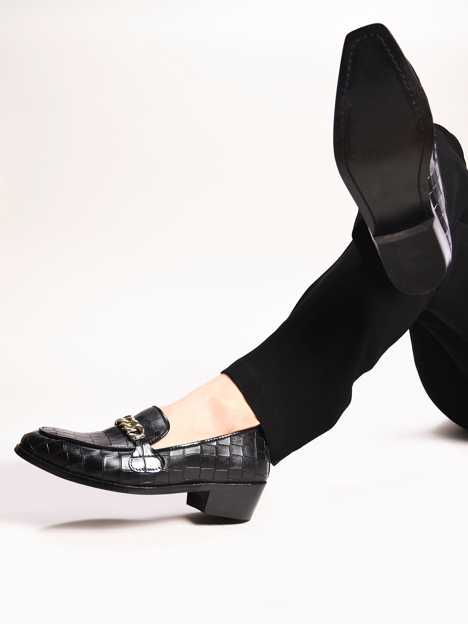 Noir Luxe Croc - Embossed Chain Loafers
