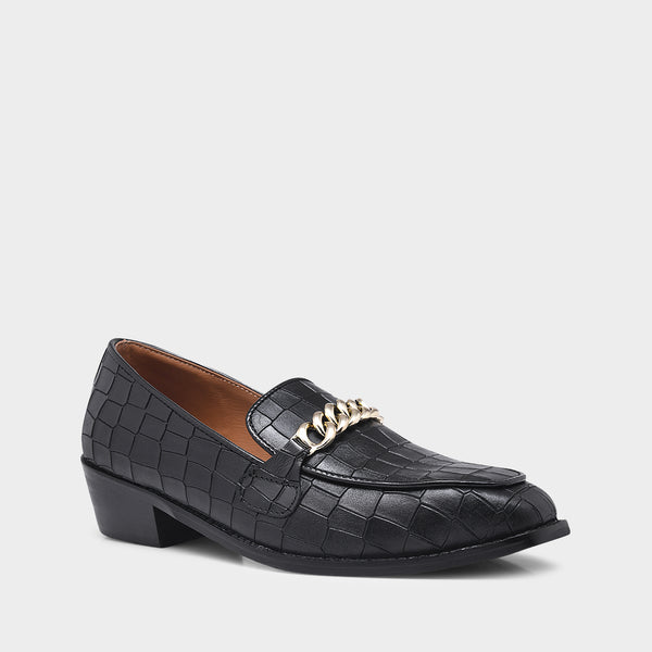 Noir Luxe Croc - Embossed Chain Loafers