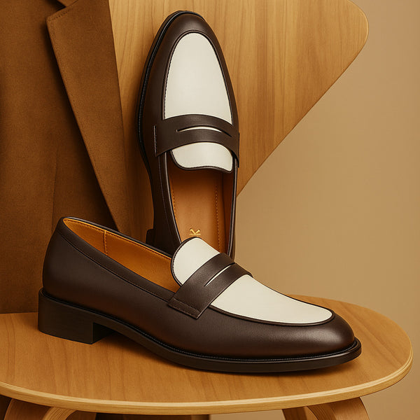 Brown and white leather loafers on a mid heel 