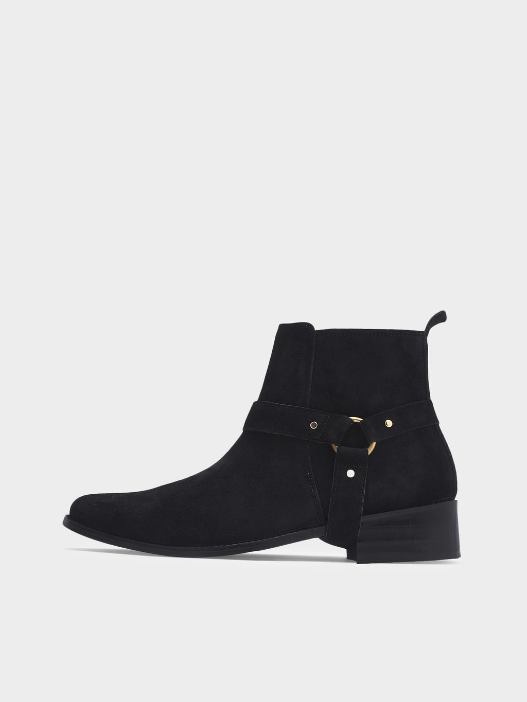 Preview of Phantom black suede harness boots for men featuring a pointed toe, side zip closure, and attached leather thong strap – luxury ankle boots by RNK Luxe for bold, stylish looks.
