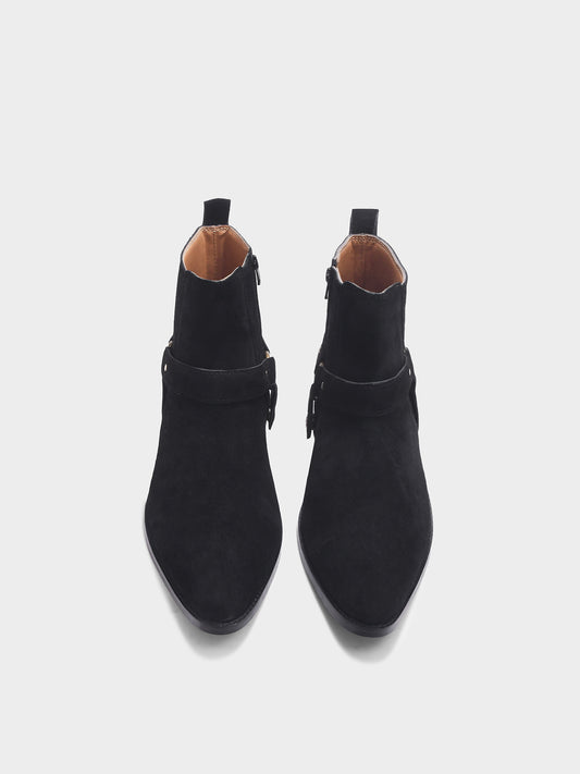 Phantom black suede harness boots for men featuring a pointed toe, side zip closure, and attached leather thong strap – luxury ankle boots by RNK Luxe for bold, stylish looks.