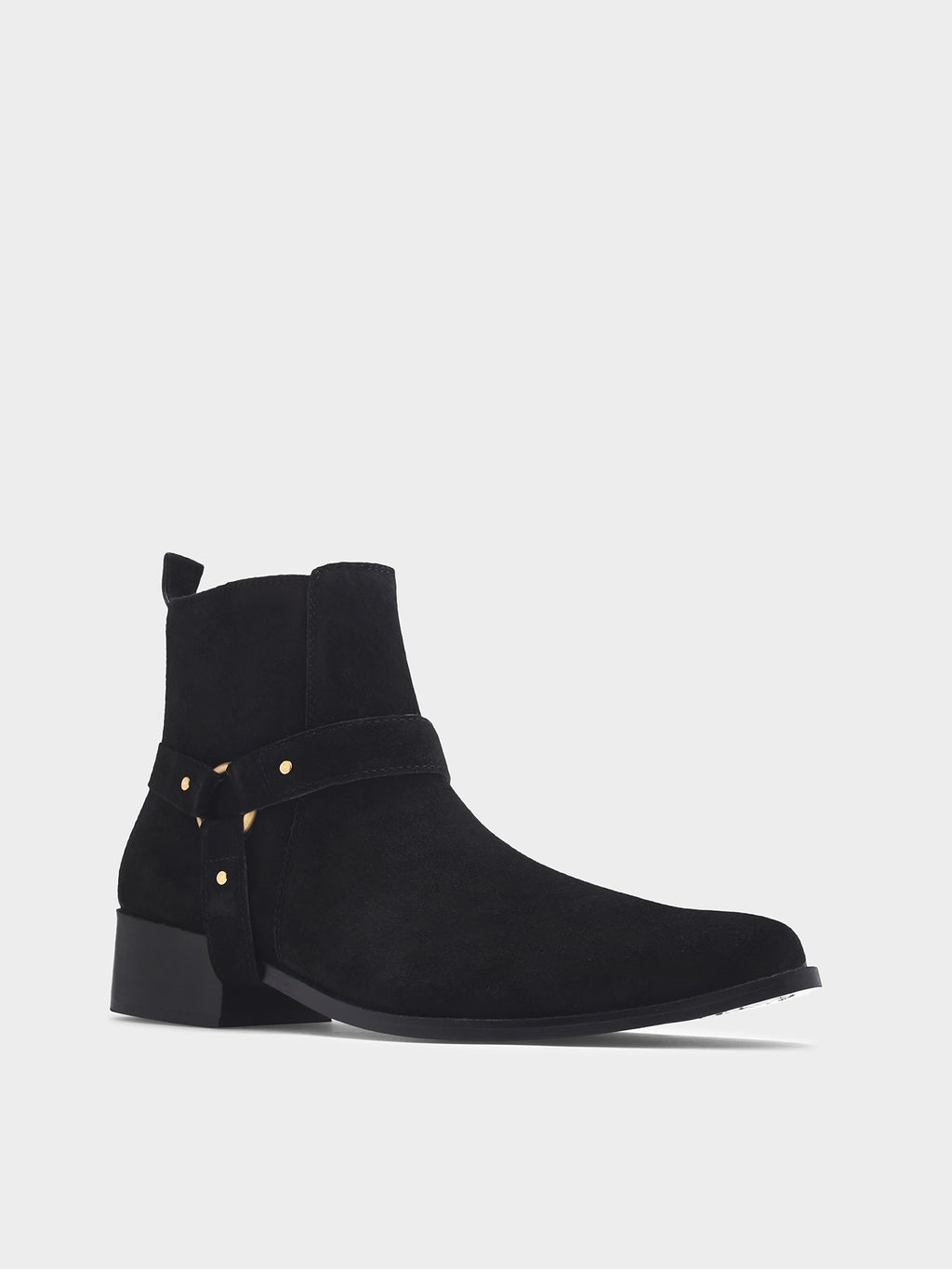 Preview of Phantom black suede harness boots for men featuring a pointed toe, side zip closure, and attached leather thong strap – luxury ankle boots by RNK Luxe for bold, stylish looks.