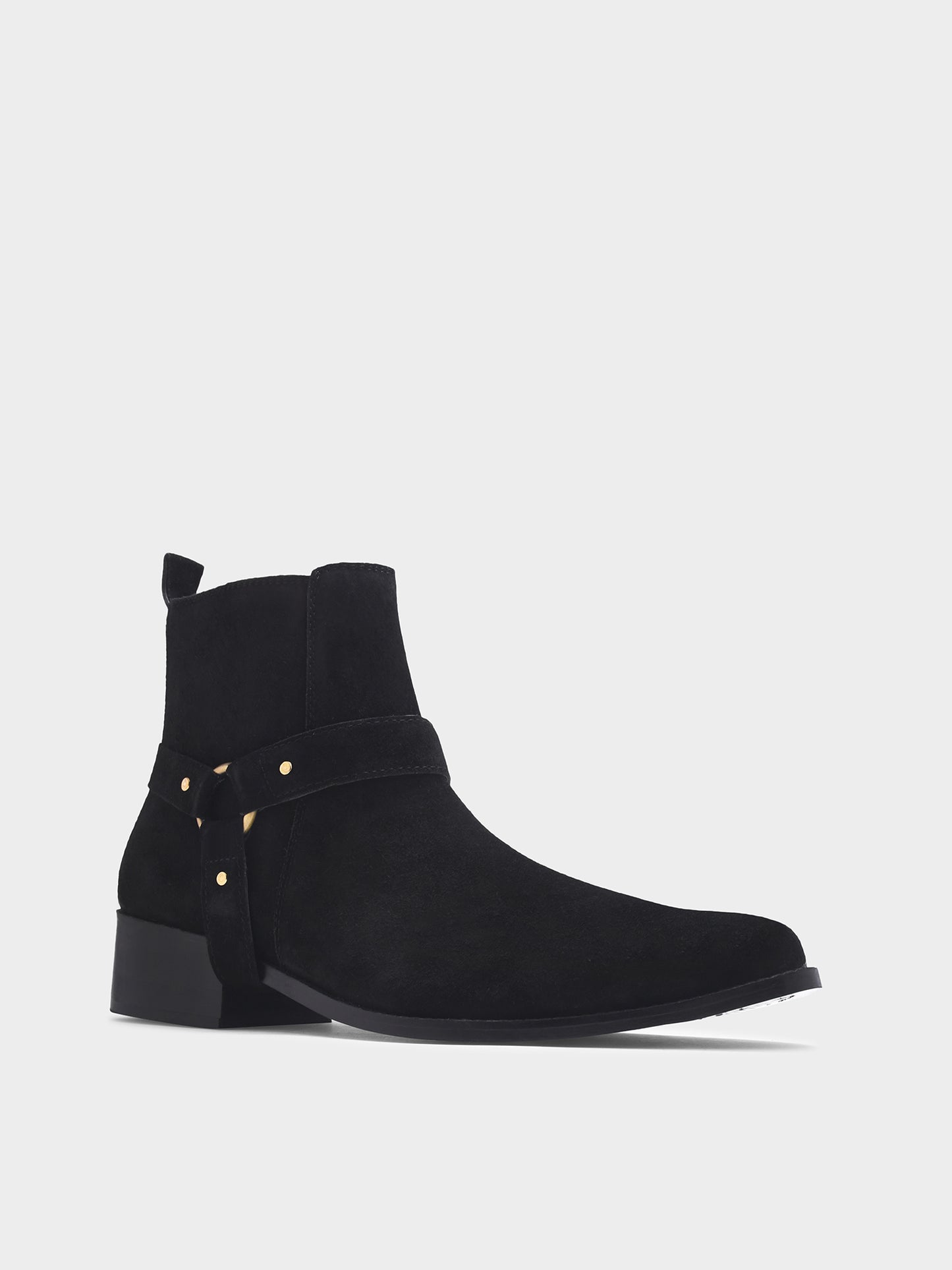 Phantom black suede harness boots for men featuring a pointed toe, side zip closure, and attached leather thong strap – luxury ankle boots by RNK Luxe for bold, stylish looks.