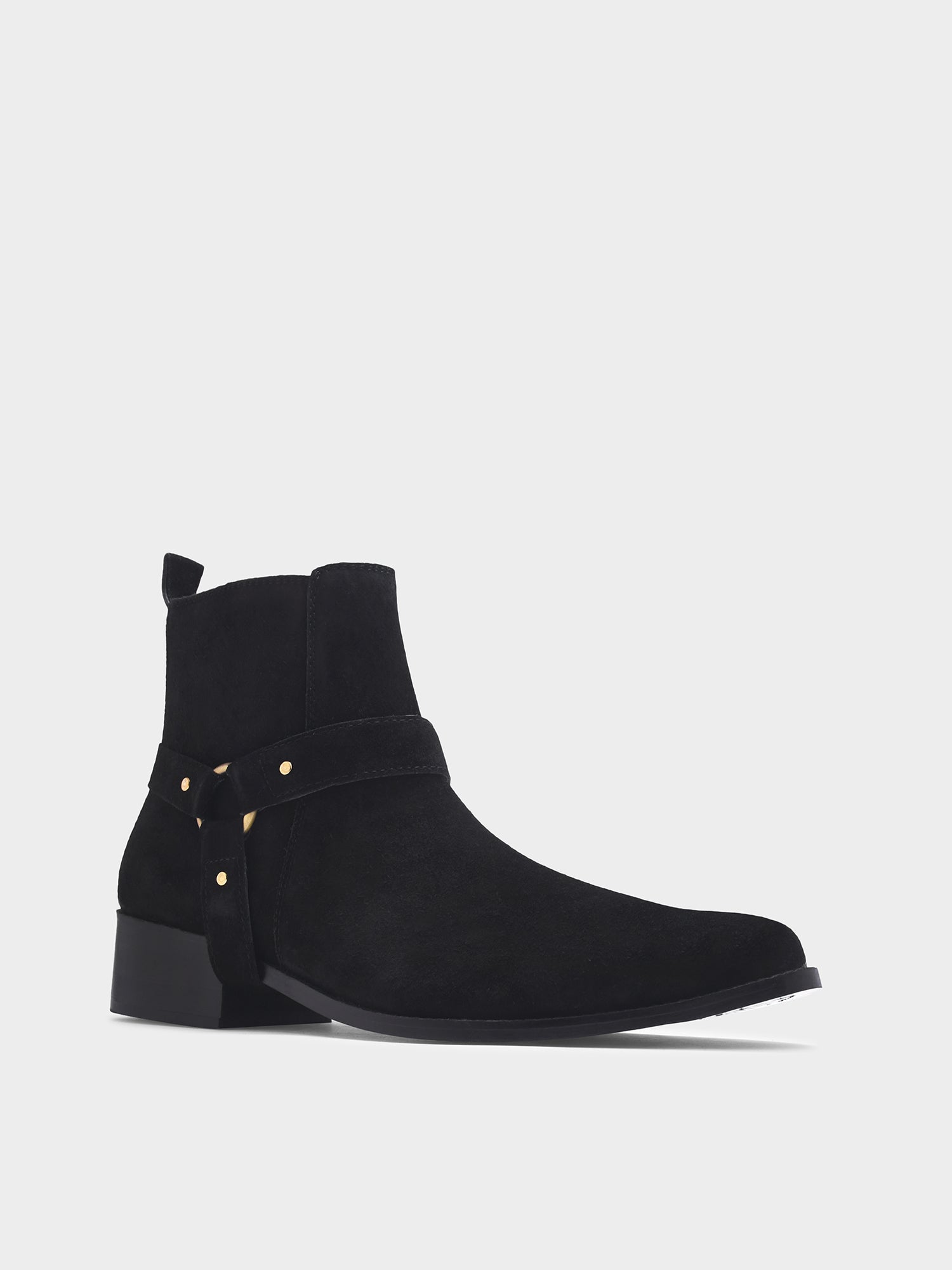 Phantom black suede harness boots for men featuring a pointed toe, side zip closure, and attached leather thong strap – luxury ankle boots by RNK Luxe for bold, stylish looks.