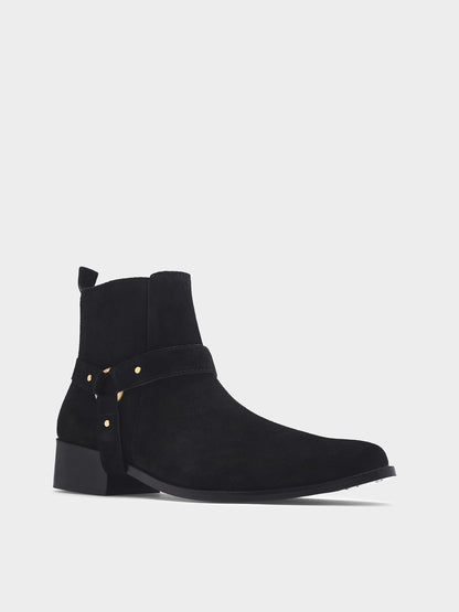 Phantom black suede harness boots for men featuring a pointed toe, side zip closure, and attached leather thong strap – luxury ankle boots by RNK Luxe for bold, stylish looks.