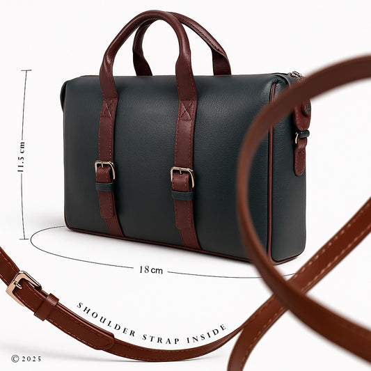 Black leather briefcase with brown straps and dimensions 18/11.5 cm