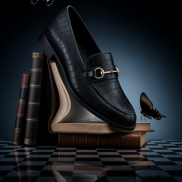 A luxury black croc-embossed leather loafer with gold horsebit detail, elegantly placed on a stack of antique books, surrounded by butterflies under dramatic studio lighting with a moody gradient background and reflective chessboard surface.