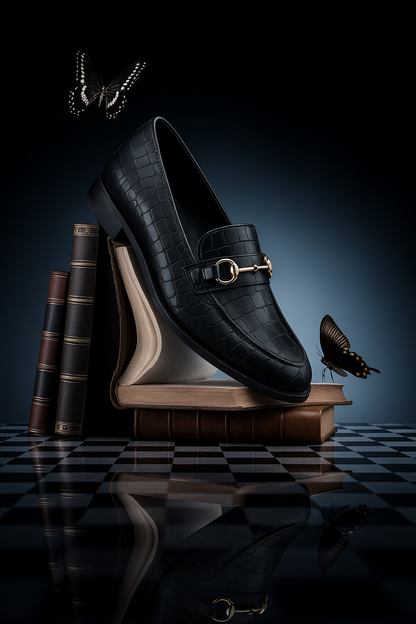 A luxury black croc-embossed leather loafer with gold horsebit detail, elegantly placed on a stack of antique books, surrounded by butterflies under dramatic studio lighting with a moody gradient background and reflective chessboard surface.