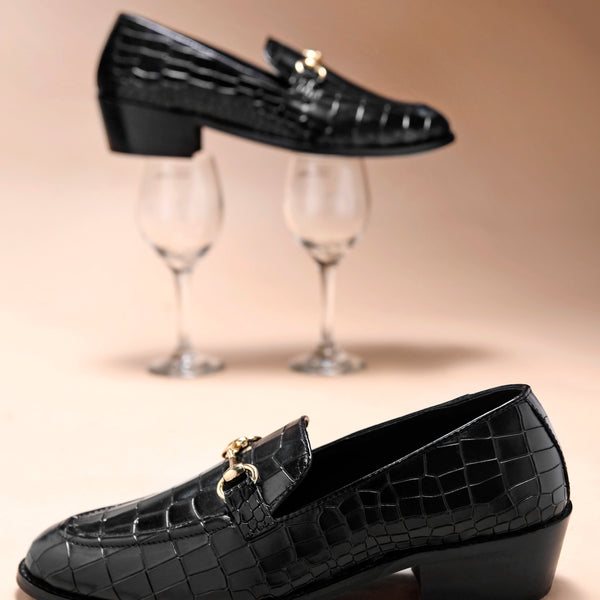 Crocodile textured leather loafers with horsebit buckle  on Cuban heel