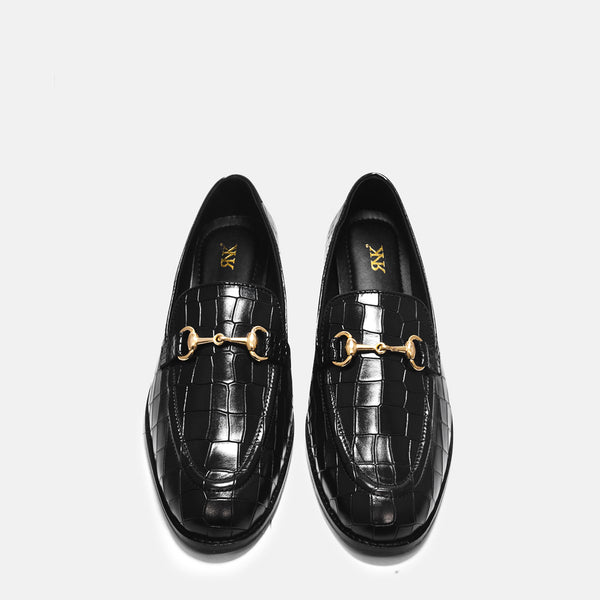 Crocodile textured leather loafers with horsebit buckle  | RNK Luxe