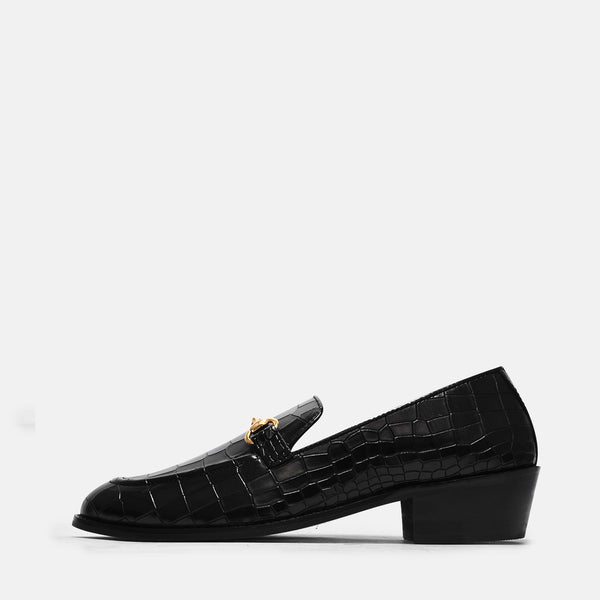 Crocodile textured leather loafers with horsebit buckle on Cuban heel