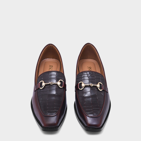 A pair of cherry leather loafer in which it embossed with brown croco leather on top with a golder horesit buckle