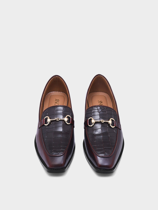 A pair of cherry leather loafer in which it embossed with brown croco leather on top with a golder horesit buckle