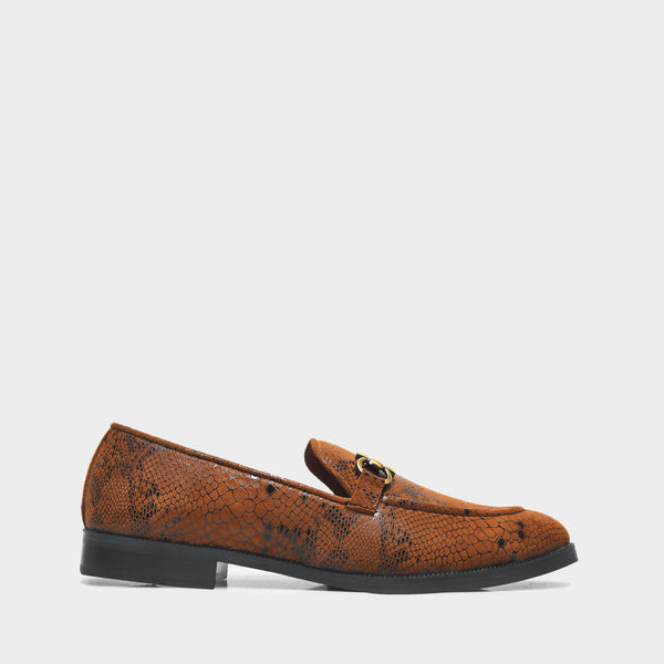 Brown snake-patterned penny loafer shoe on mid heel with a horsebit buckle