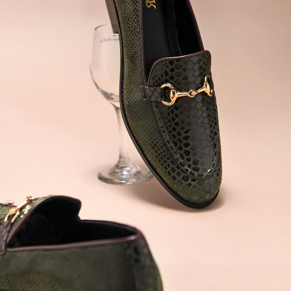RNK's python textured brown loafers on mid  heel with horsebit buckle 