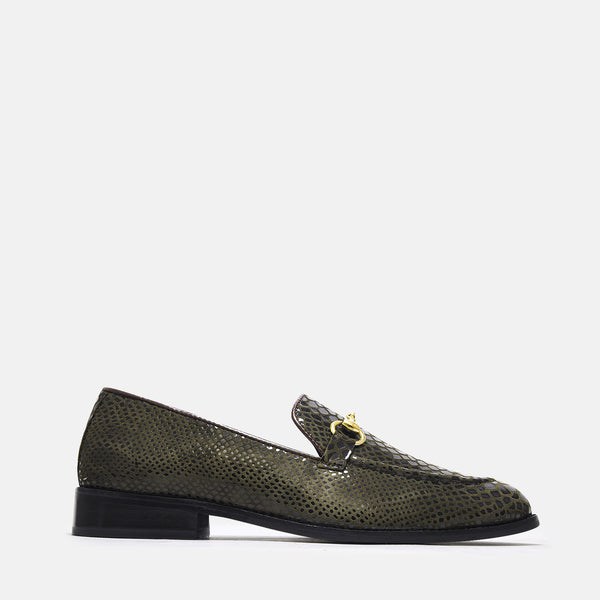 RNK's python textured brown loafers on mid  heel with horsebit buckle 