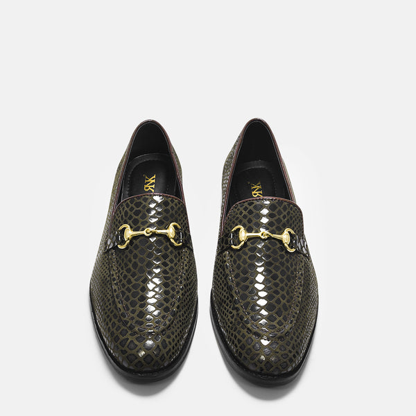 RNK's python textured brown loafers on mid  heel with horsebit buckle 