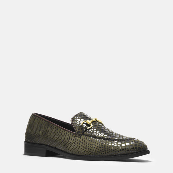 RNK's python textured brown loafers on mid  heel with horsebit buckle 