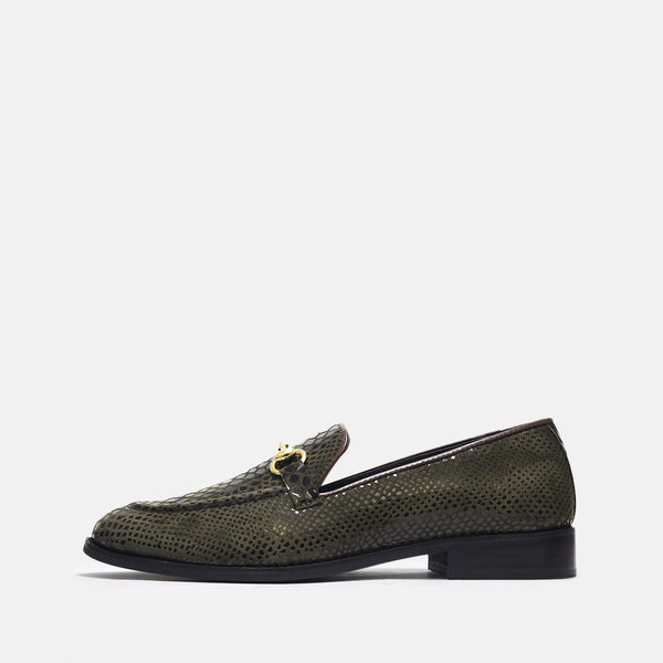 RNK's python textured brown loafers on mid  heel with horsebit buckle 