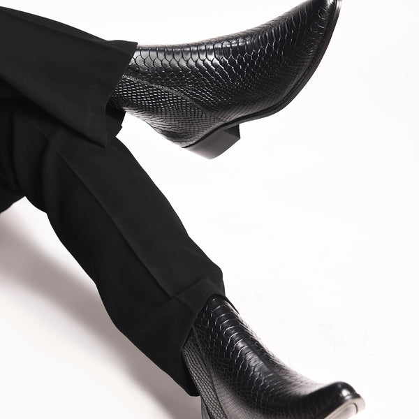 Elegant handcrafted black Chelsea boots with crocodile texture - RNK Luxe