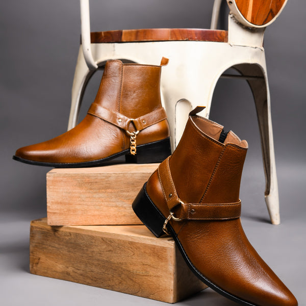 RNK Luxe Logan men's tan leather boots with gold chain detail and Cuban heel, pointed toe handcrafted luxury footwear