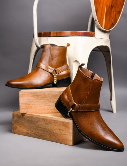 RNK Luxe Logan men's tan leather boots with gold chain detail and Cuban heel, pointed toe handcrafted luxury footwear