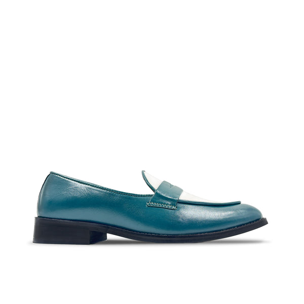 Green leather penny loafers with white leather finish on top on mid heel