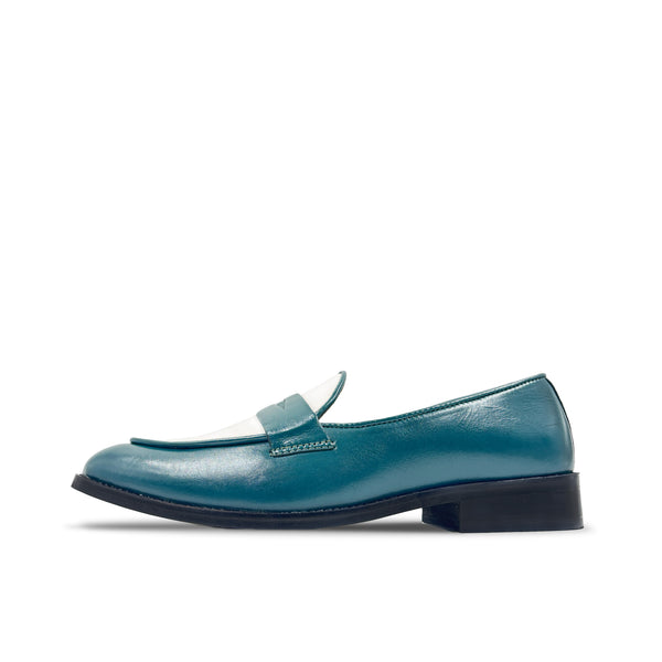 Green leather penny loafers with white leather finish on top on mid heel