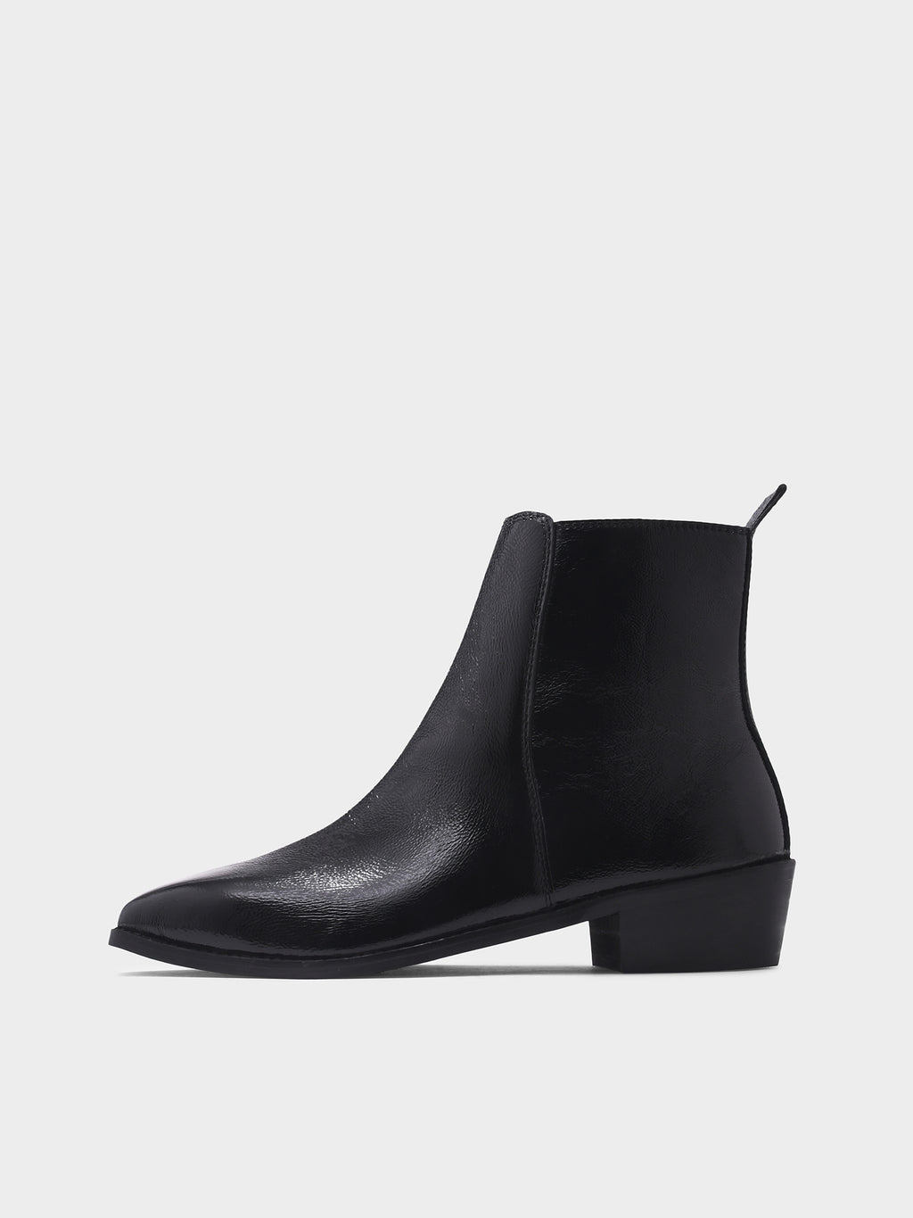 Preview of Black patent leather boots with side zipper on a Cuban heel