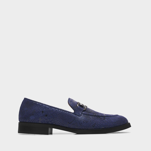 Blue snake-patterned penny loafer shoe on mid heel with a horsebit buckle