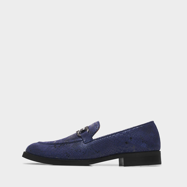 Blue snake-patterned penny loafer shoe on mid heel with a horsebit buckle