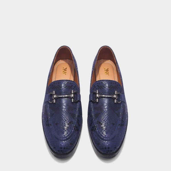 Pair of blue penny loafers with a horsebit buckle in mid heel | RNK LUXE