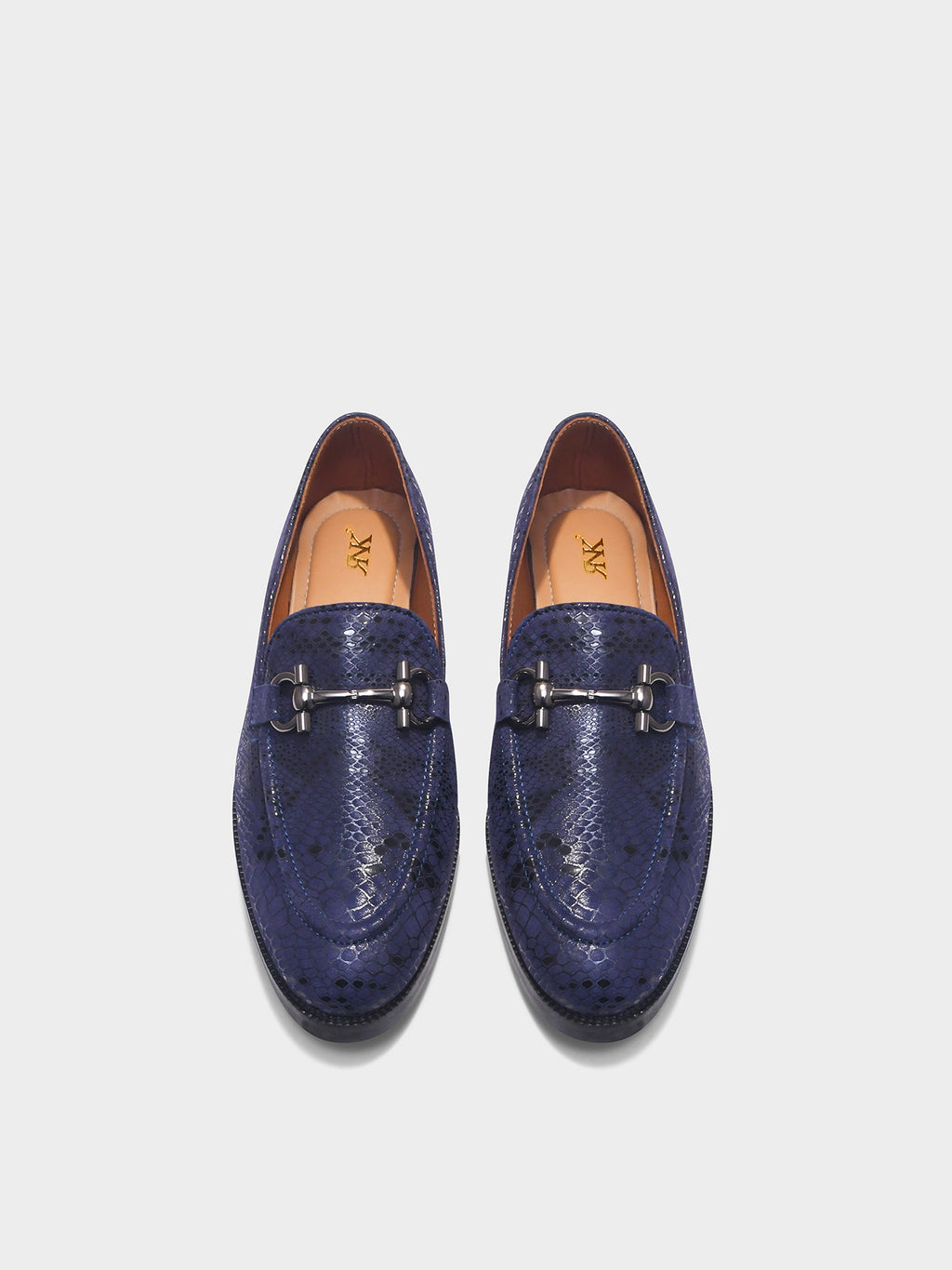 Preview of Pair of blue penny loafers with a horsebit buckle in mid heel | RNK LUXE