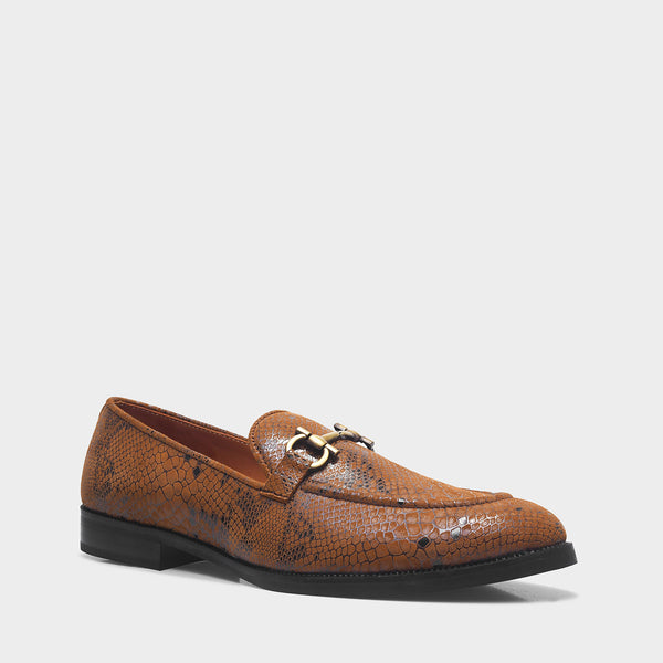 Brown snake-patterned penny loafer shoe on mid heel with a horsebit buckle