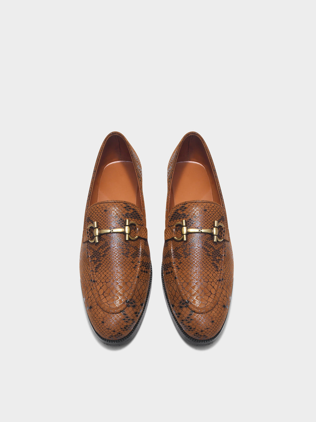 Preview of Brown snake-patterned penny loafer shoe on mid heel with a horsebit buckle